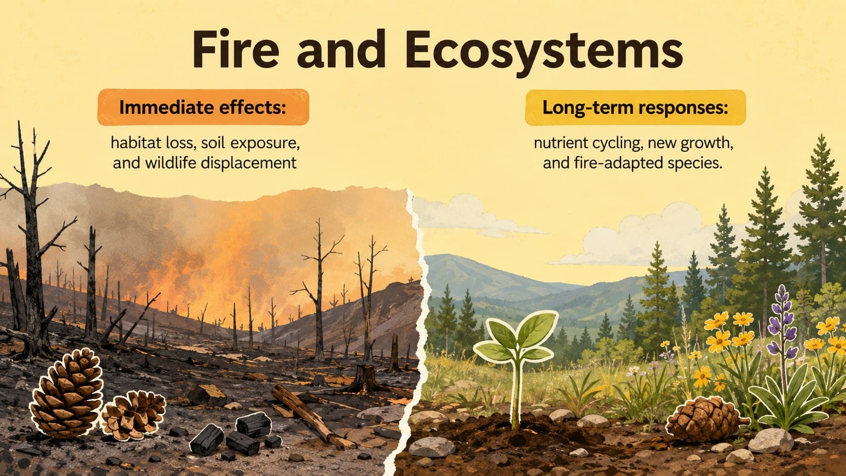 Forest fire ecosystem lesson slide comparing immediate damage with ecological renewal.