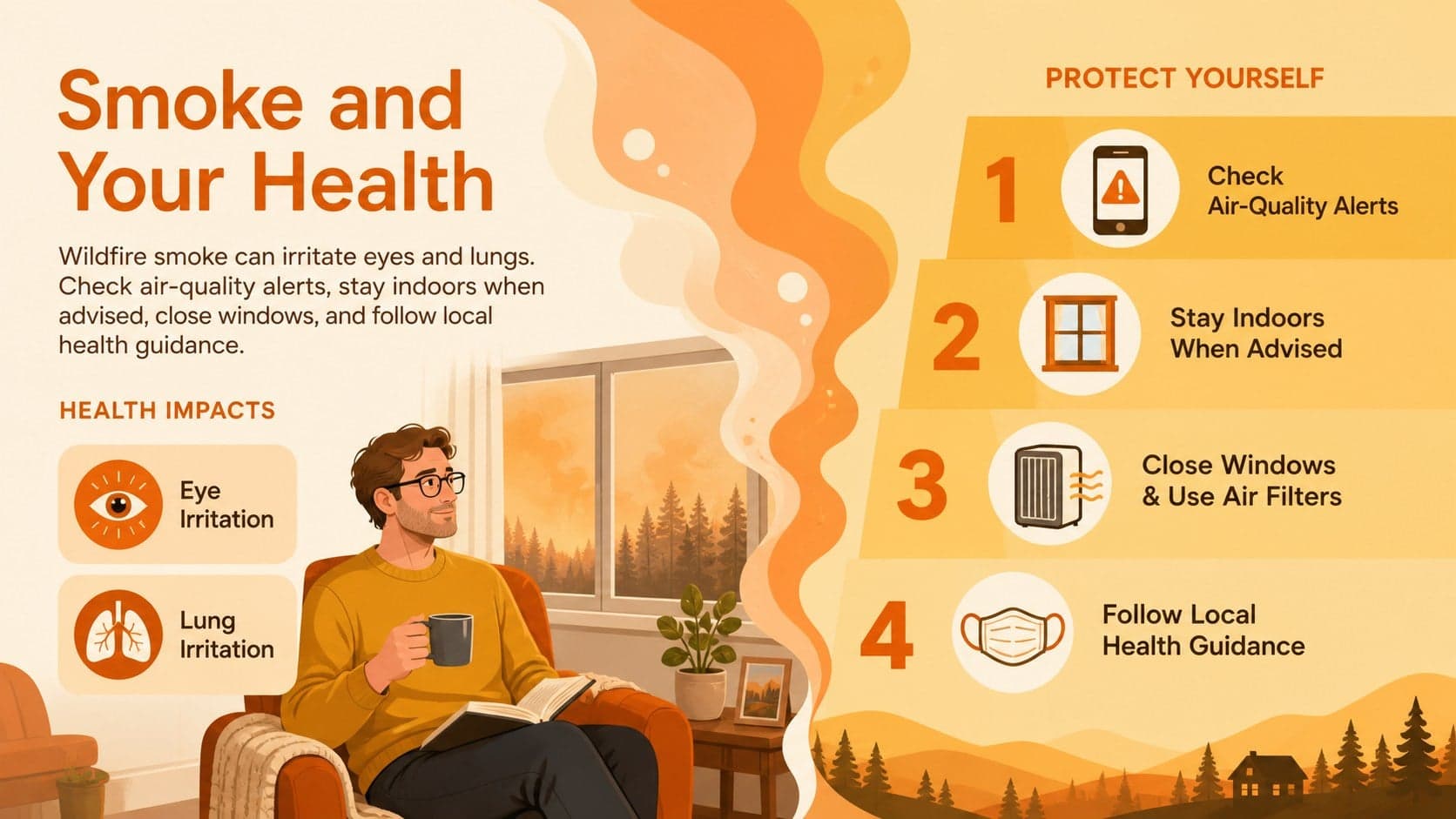 Illustrated wildfire safety lesson slide explaining smoke exposure and health precautions.