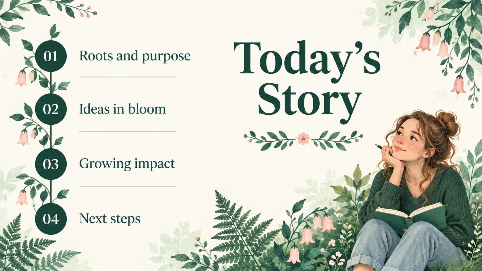 Botanical agenda slide presenting four sections for an elegant nature-inspired story.