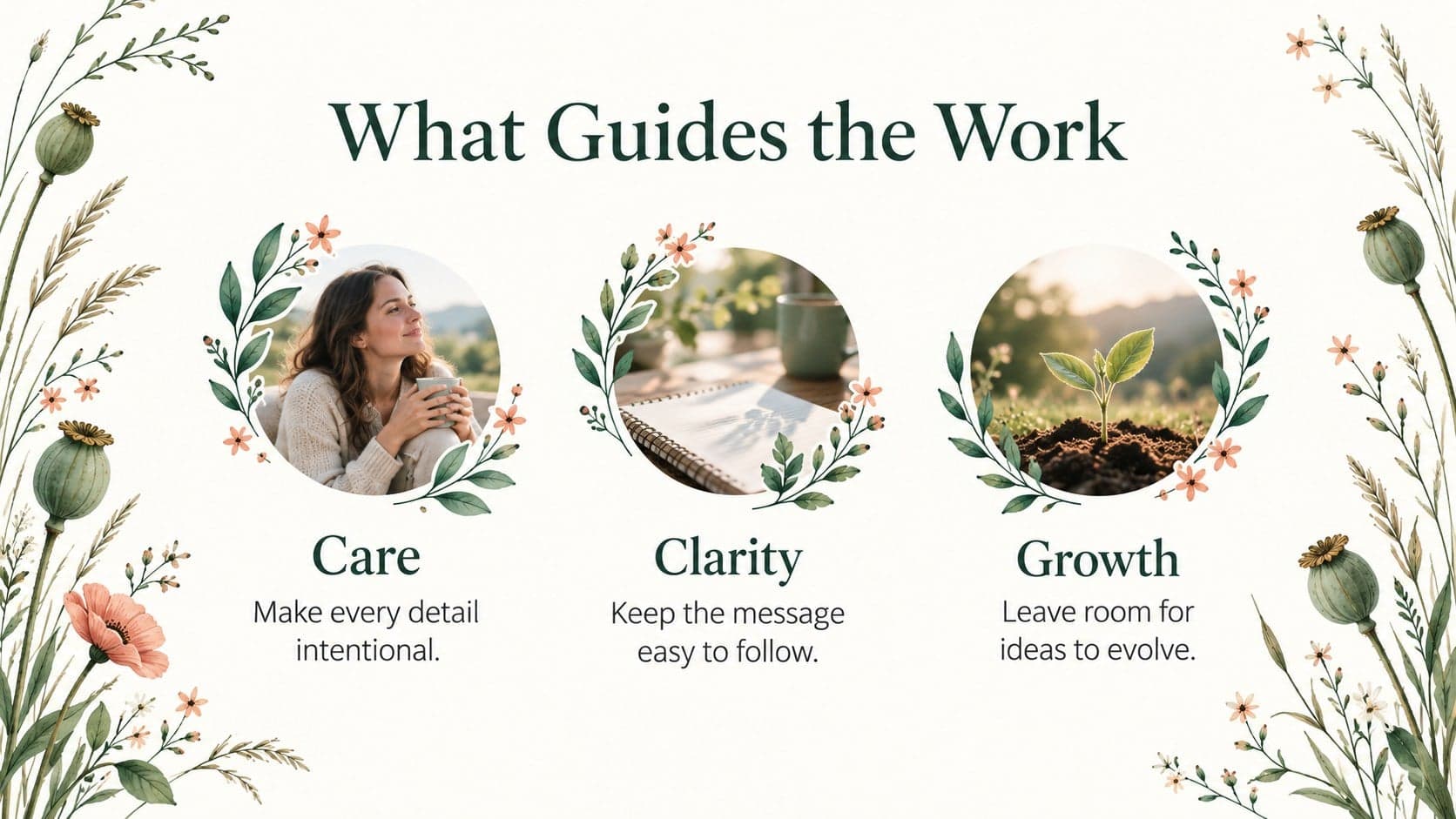 Green wildflower PowerPoint deck layout featuring three core values with hand-drawn floral accents.