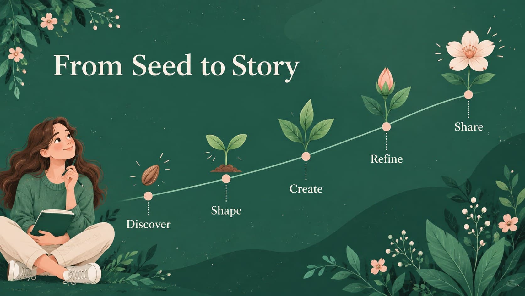 Elegant nature Google Slides theme layout with a five-stage growth timeline and leafy illustrations.