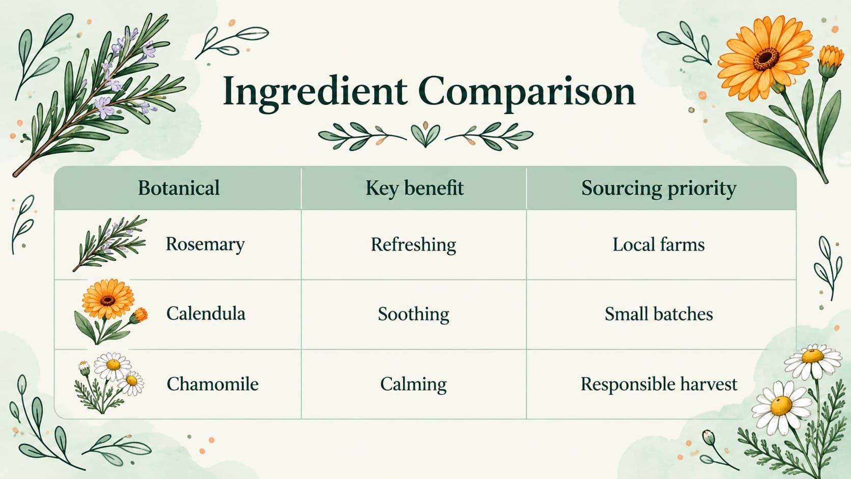 Organic beauty brand presentation slide comparing natural ingredients, benefits, and sourcing priorities.