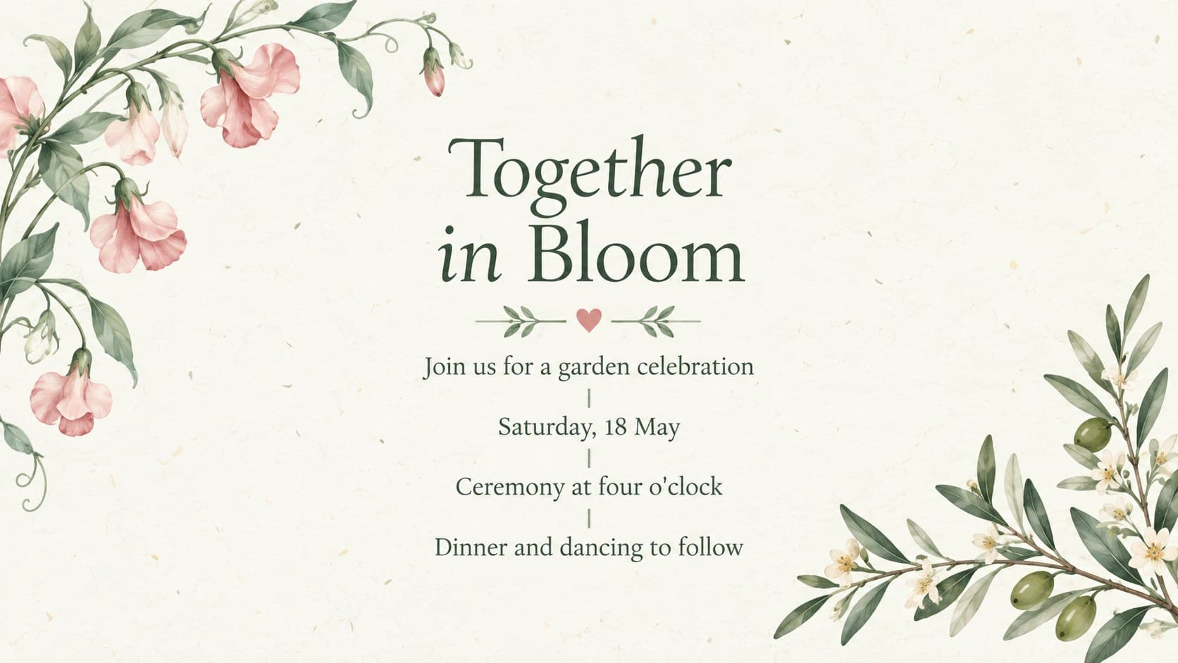 Botanical wedding invitation slide with ceremony details surrounded by delicate green wildflowers.