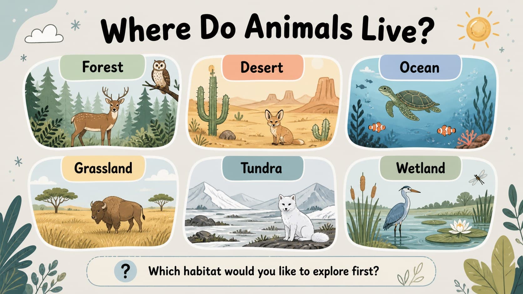 Lesson opener showing six illustrated biomes for an animal habitat lesson slides sequence.