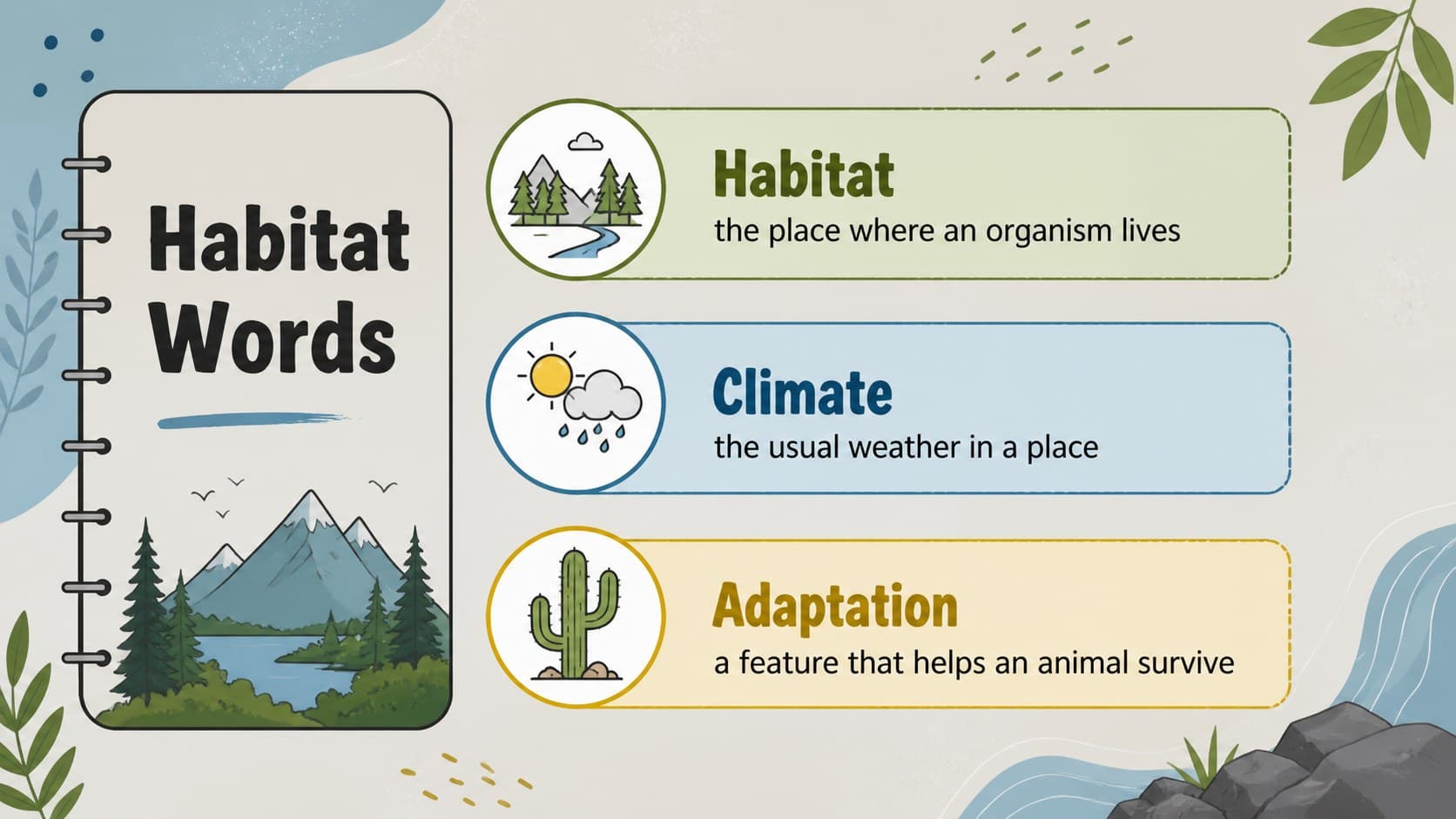 Vocabulary slide defining key habitat words with illustrated science labels for elementary students.