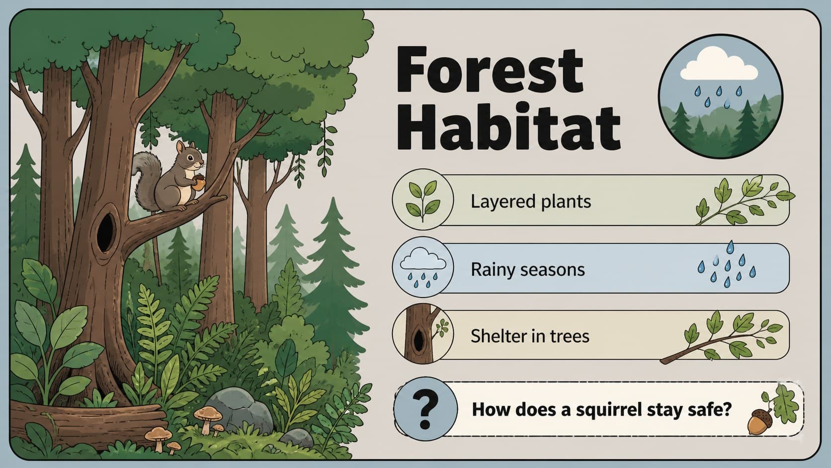Forest biome profile with trees, woodland animals, and climate facts for a biomes presentation for kids.
