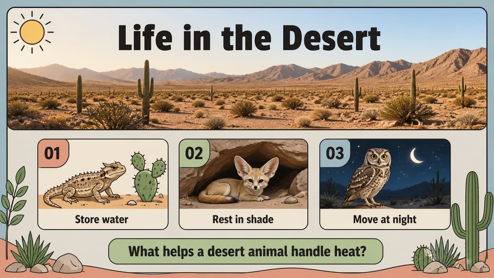Desert habitat slide comparing heat, scarce water, and animal survival features.