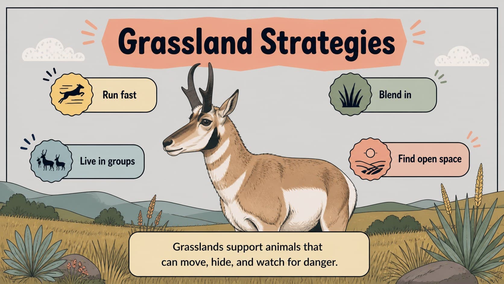 Grassland habitat slide featuring open landscapes and animal adaptation examples.
