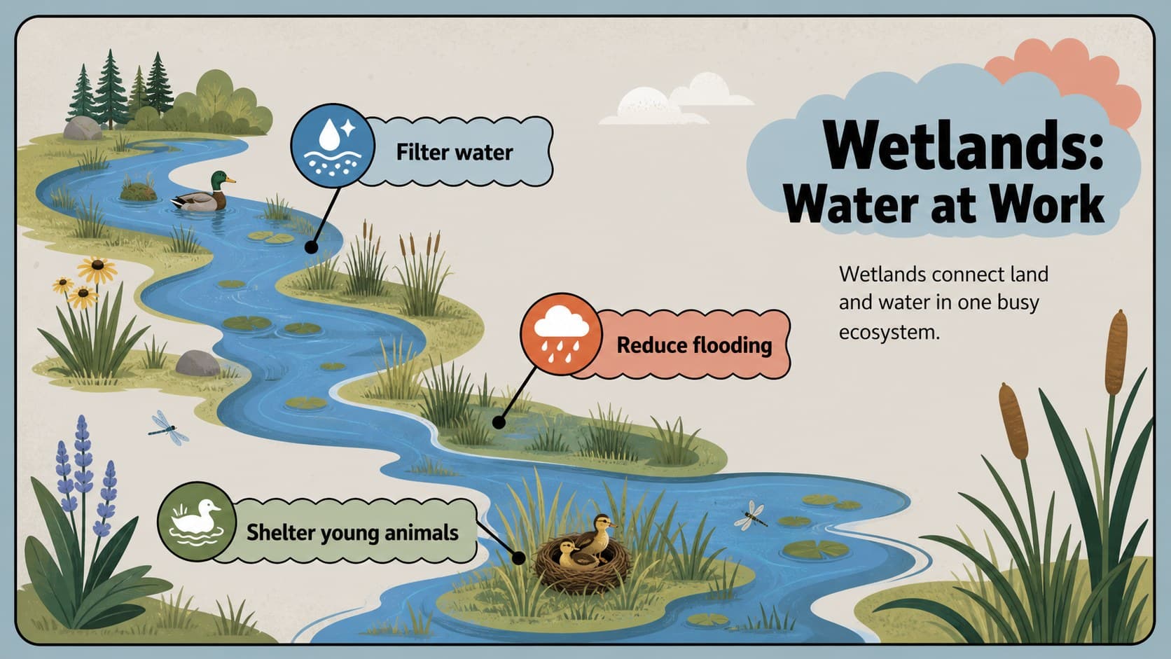 Wetland habitat slide mapping water, plants, and animal shelter in a colorful ecology layout.