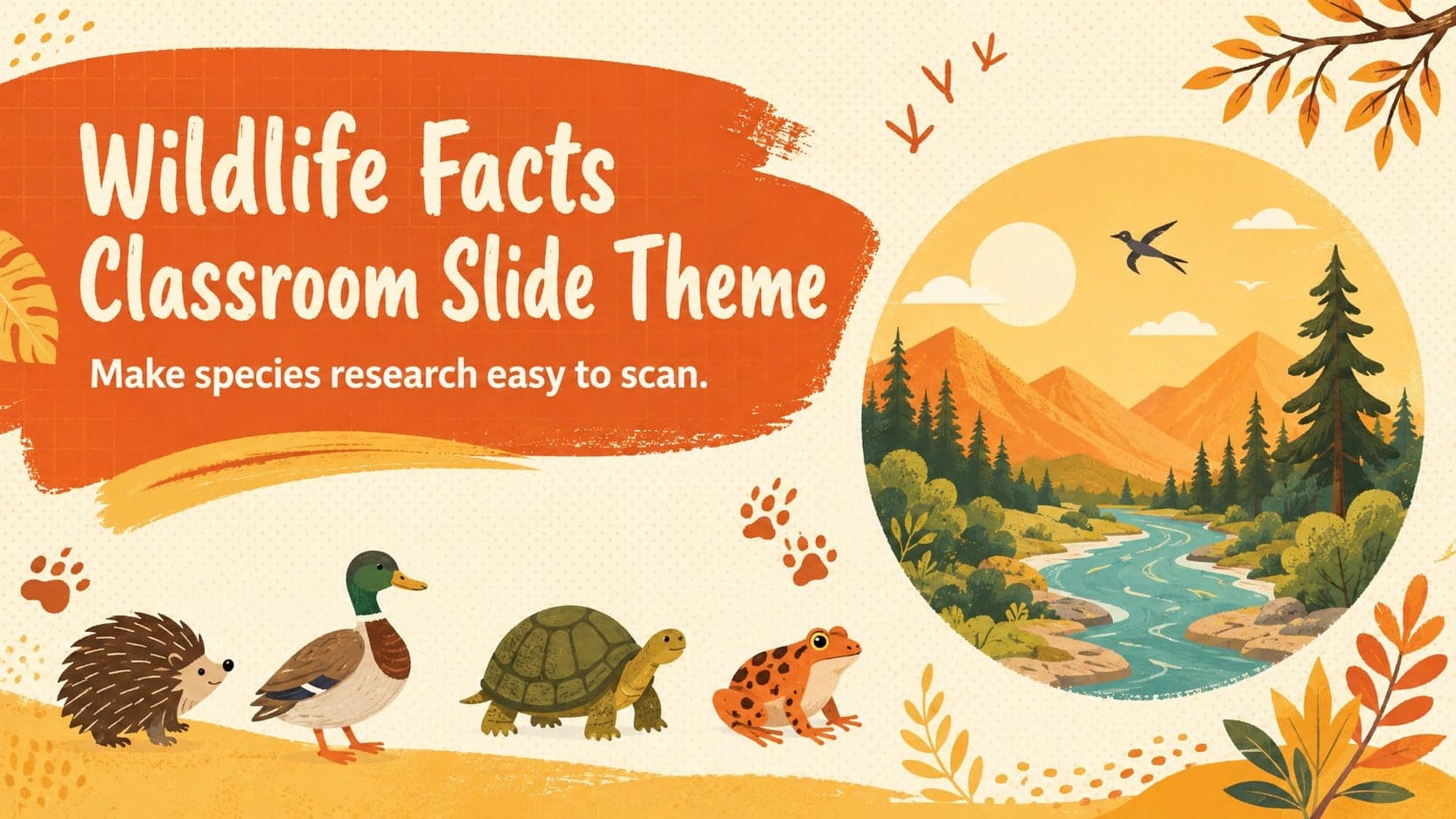 Wildlife facts classroom slide theme cover with original animal illustrations in a bright orange-and-yellow science design.