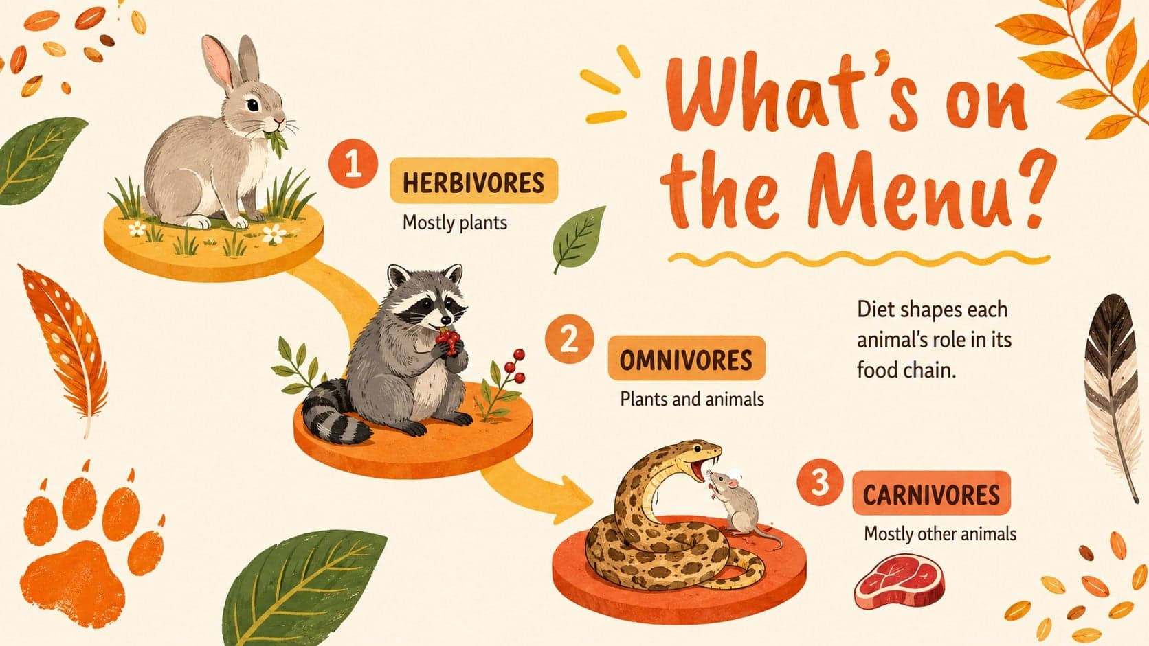 Food chain presentation template slide comparing herbivores, omnivores, and carnivores with illustrated examples.