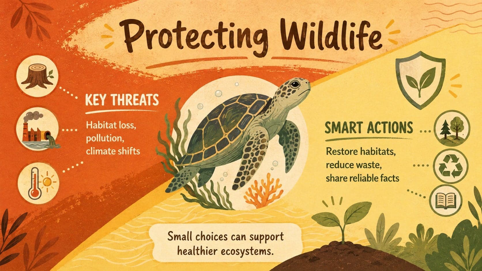Endangered species classroom slide showing wildlife threats and practical conservation actions.