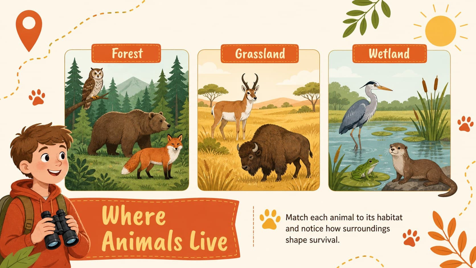 Animal habitat presentation for students with illustrated habitat zones, species labels, and orange comparison panels.