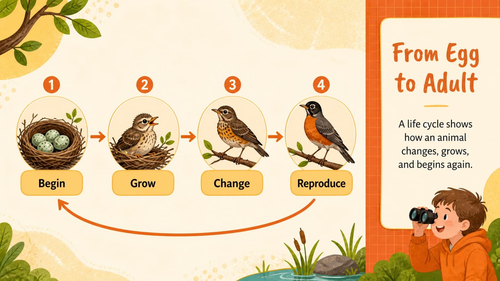 Animal life cycle teaching slides layout with a bright illustrated growth sequence, trait callouts, and editable science notes.