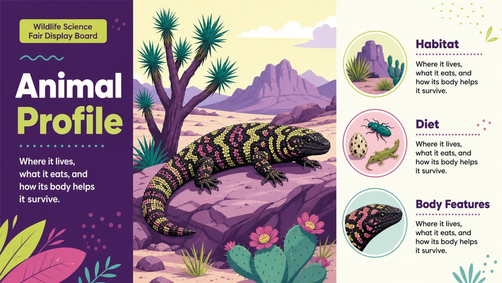 Animal report poster layout showing habitat, diet, and physical features for an elementary science project.