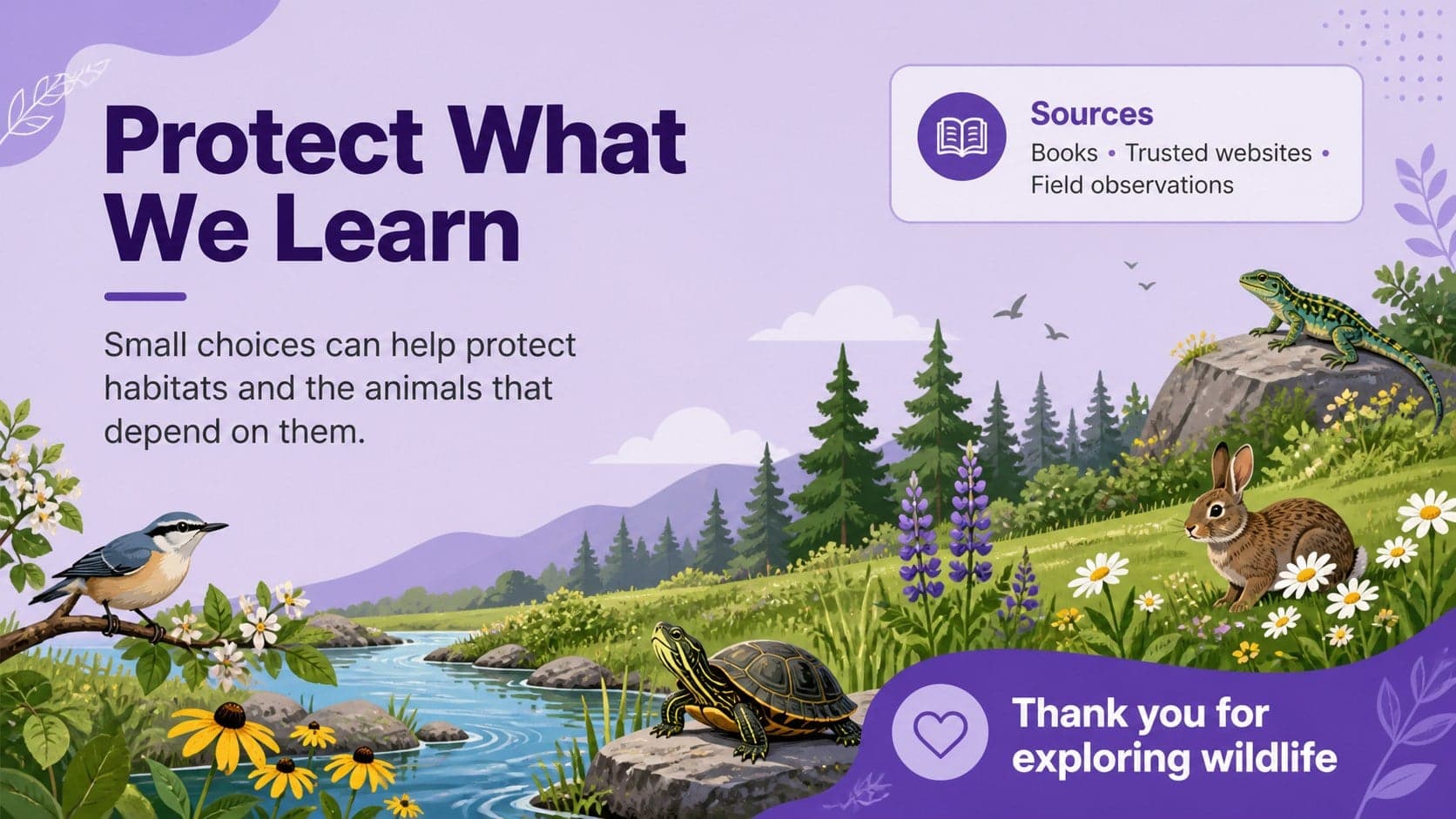Closing science fair slide summarizing conservation facts and sources for a student animal research showcase.