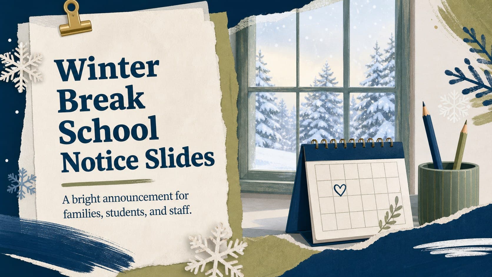 Blue and green collage cover announcing winter break school closure with a bold seasonal headline.