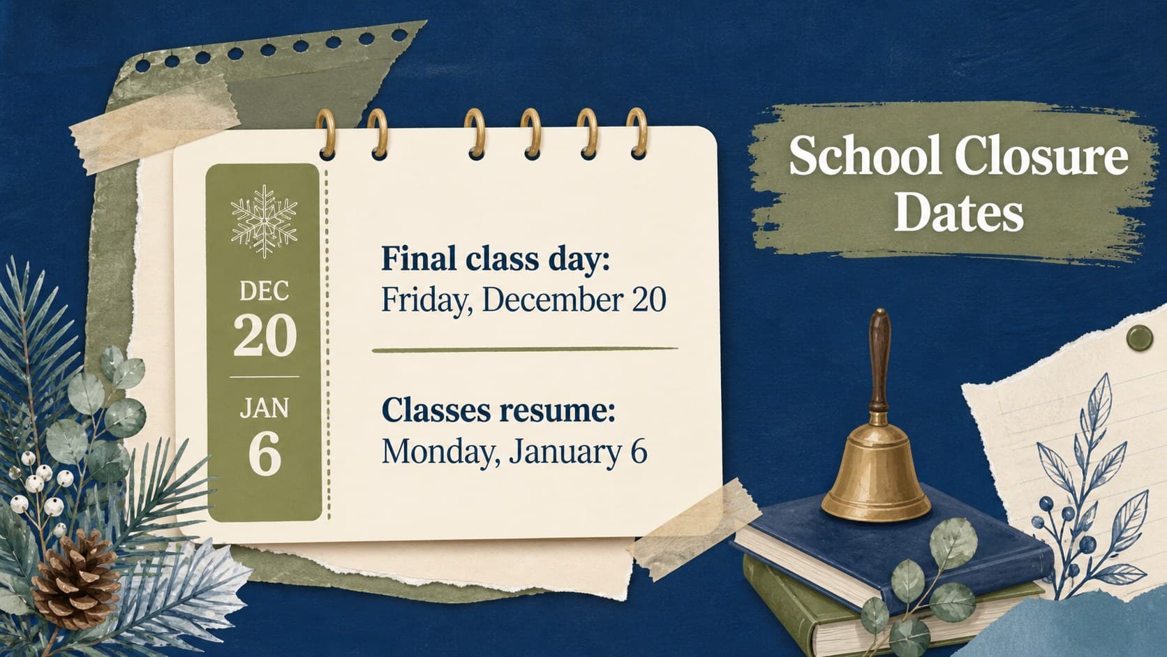 Editable school closure notice slide showing final class day and reopening information in a blue-green paper collage.