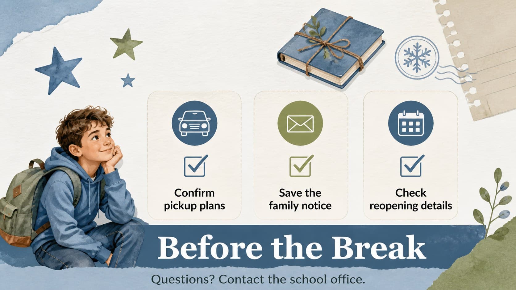 Winter break preparation checklist slide with readable family reminders and illustrated blue-green school stationery.