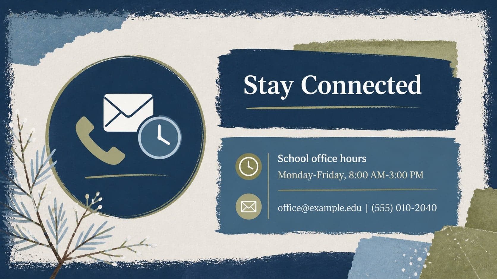 School holiday contact and reminder slide with editable office hours displayed in an illustrated collage layout.