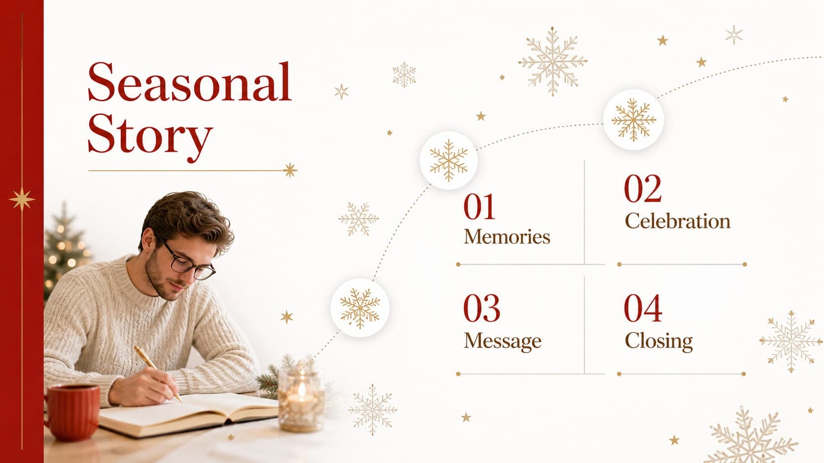Agenda slide outlining the sections of an elegant winter holiday presentation.