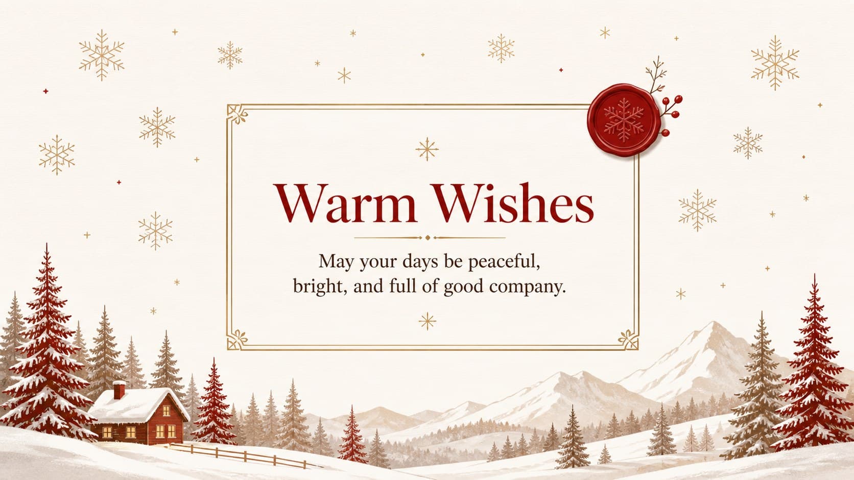 Holiday greeting slide with a large editable seasonal message and snowflake accents.
