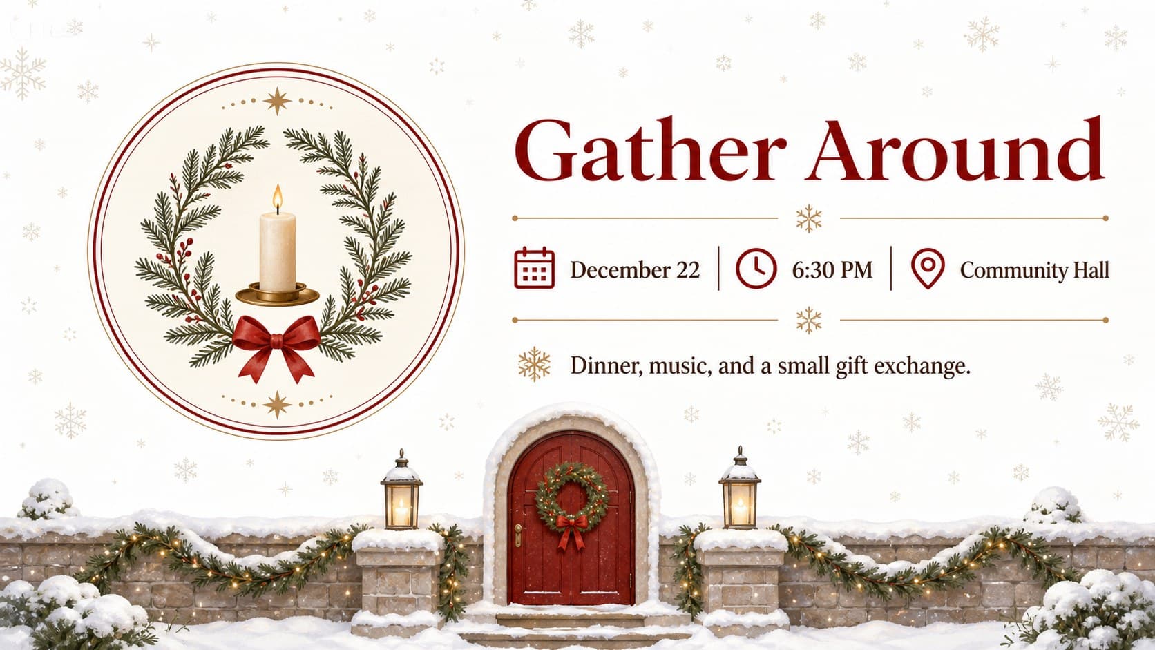 Winter gathering event details slide with time, place, and activity information.
