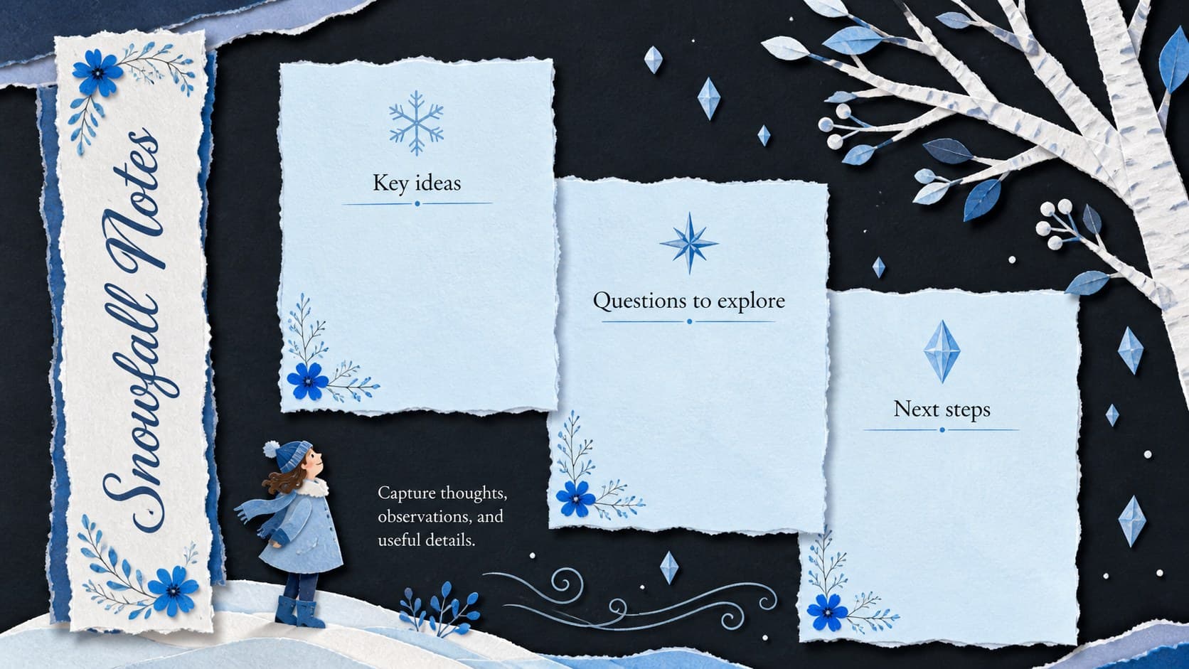 Black winter notes worksheet with editable writing areas and a snowflake border worksheet design.