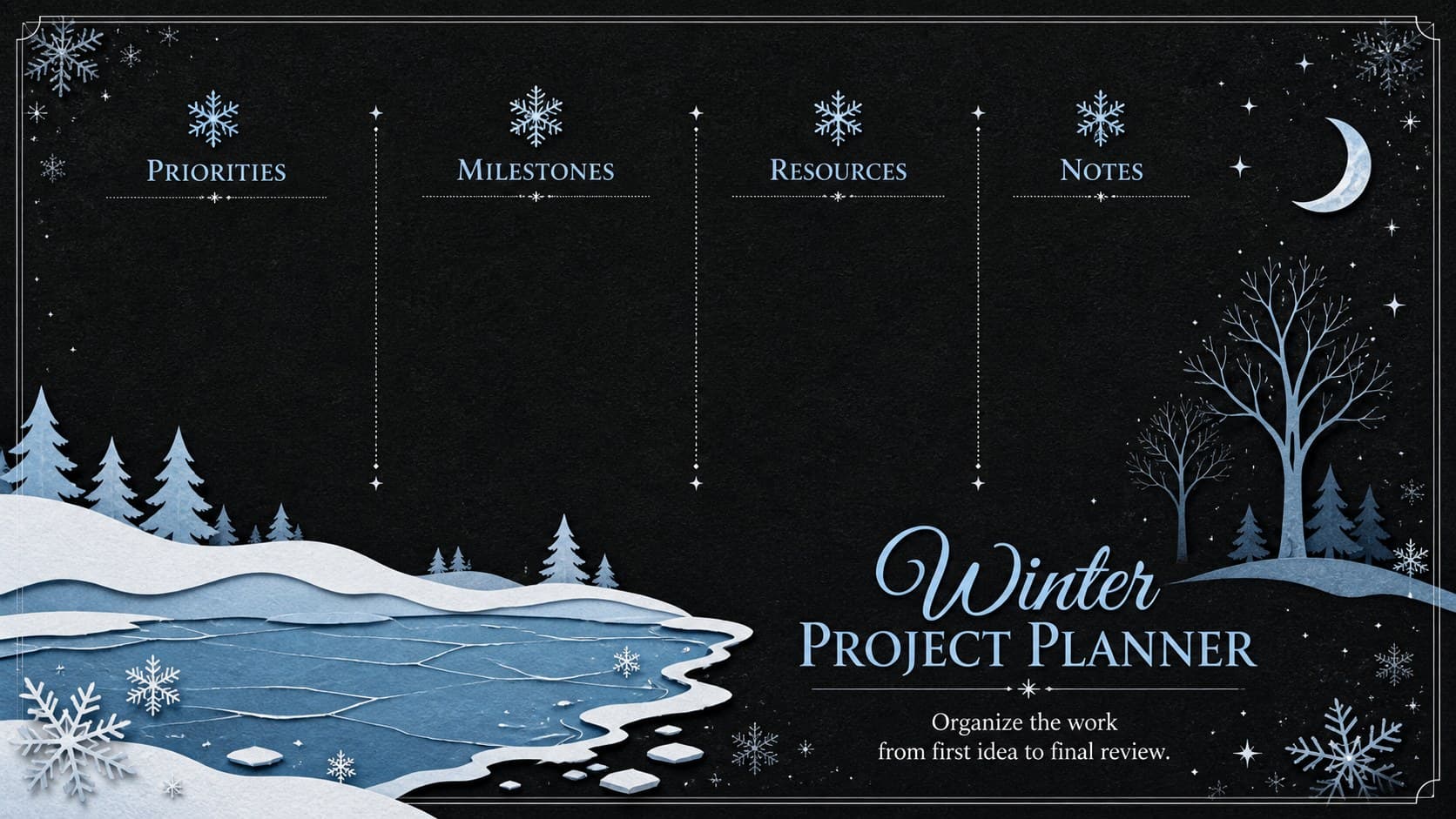 Winter project planning worksheet featuring a monochrome weekly layout with snowy paper-collage accents.
