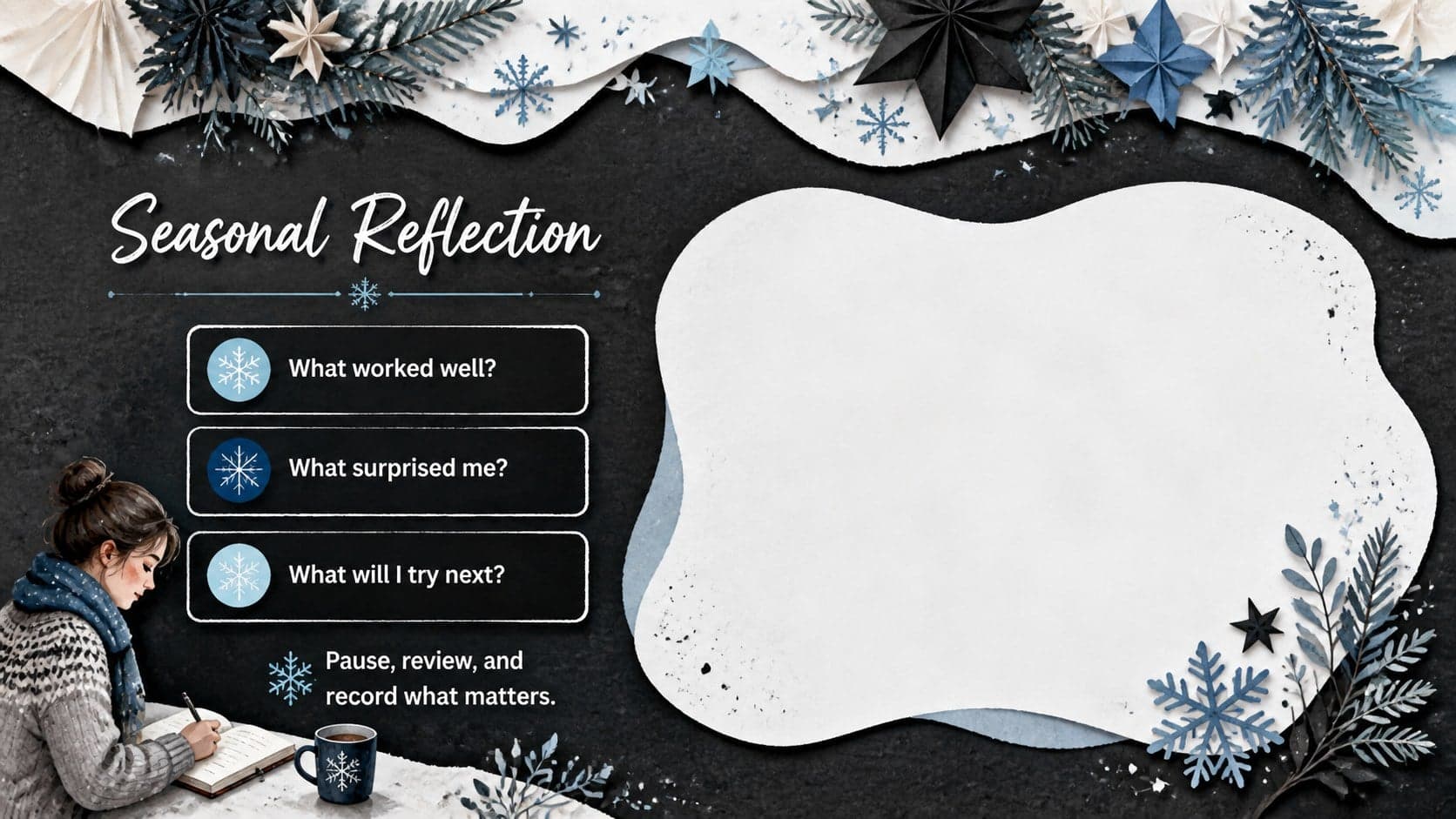 Seasonal reflection worksheet with black paper textures, winter stars, and guided writing prompts.