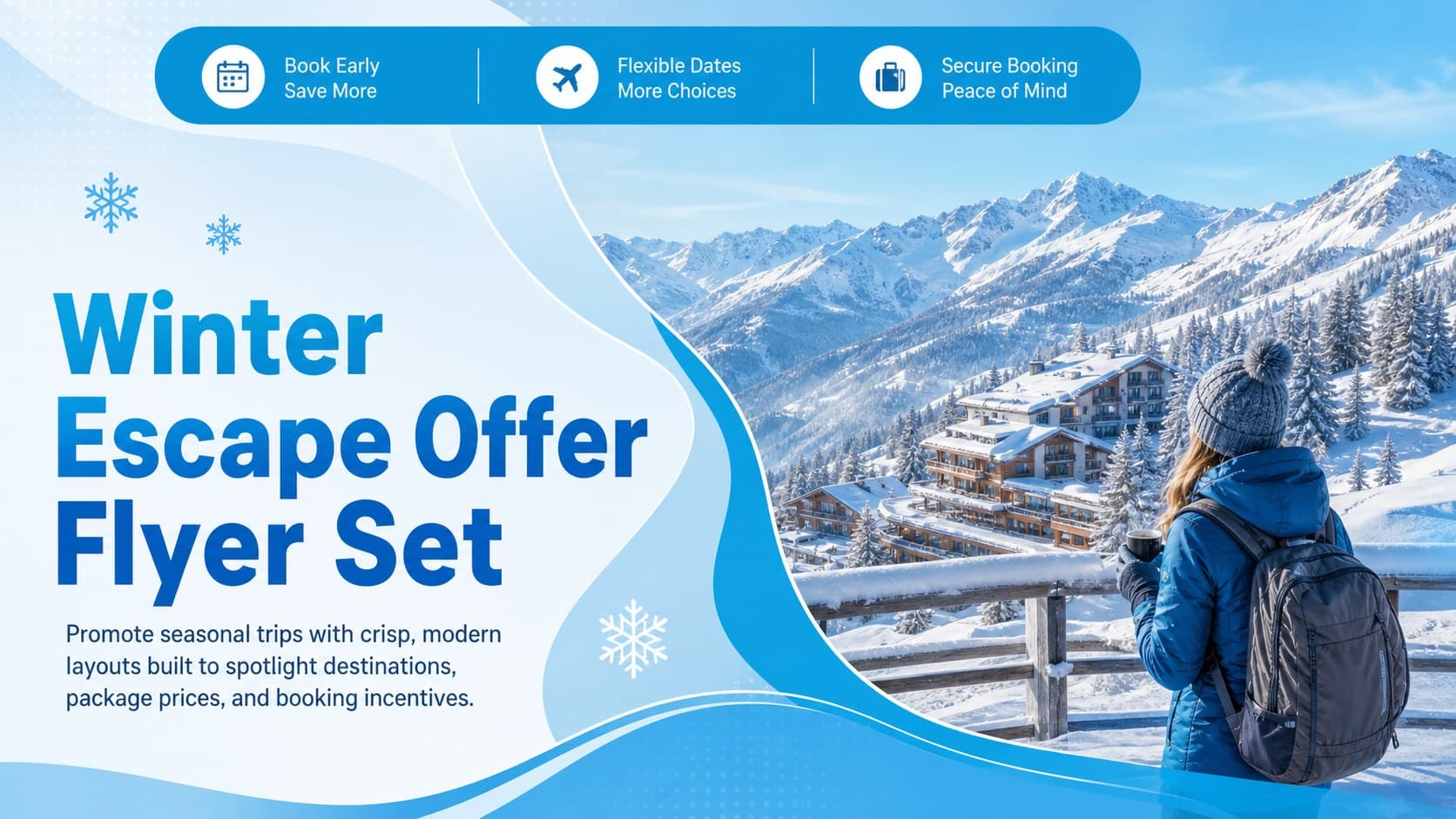 Cover design for a winter escape offer flyer set featuring a snowy mountain destination in a crisp white-and-blue layout.