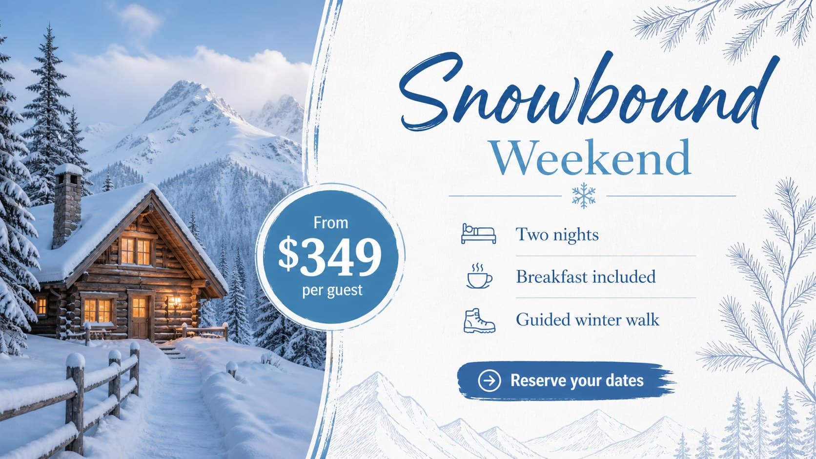 Winter travel promotion slide advertising a snowbound weekend package with pricing and booking details.