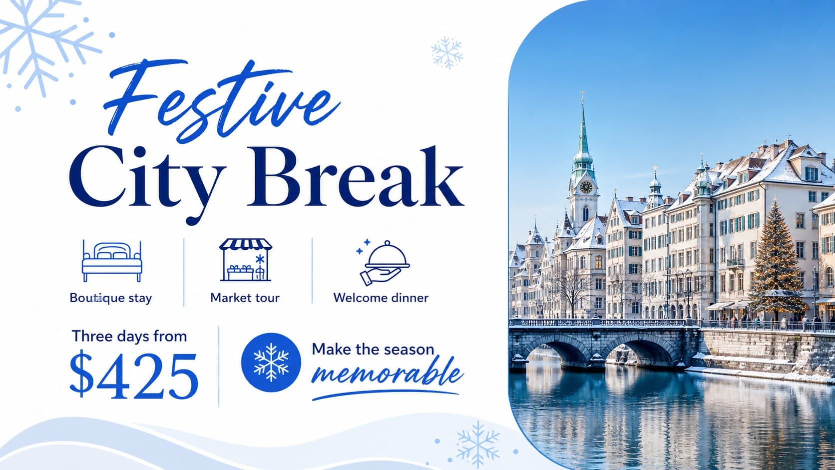 Festive city break advertising slide featuring a winter streetscape, package inclusions, and a seasonal rate.