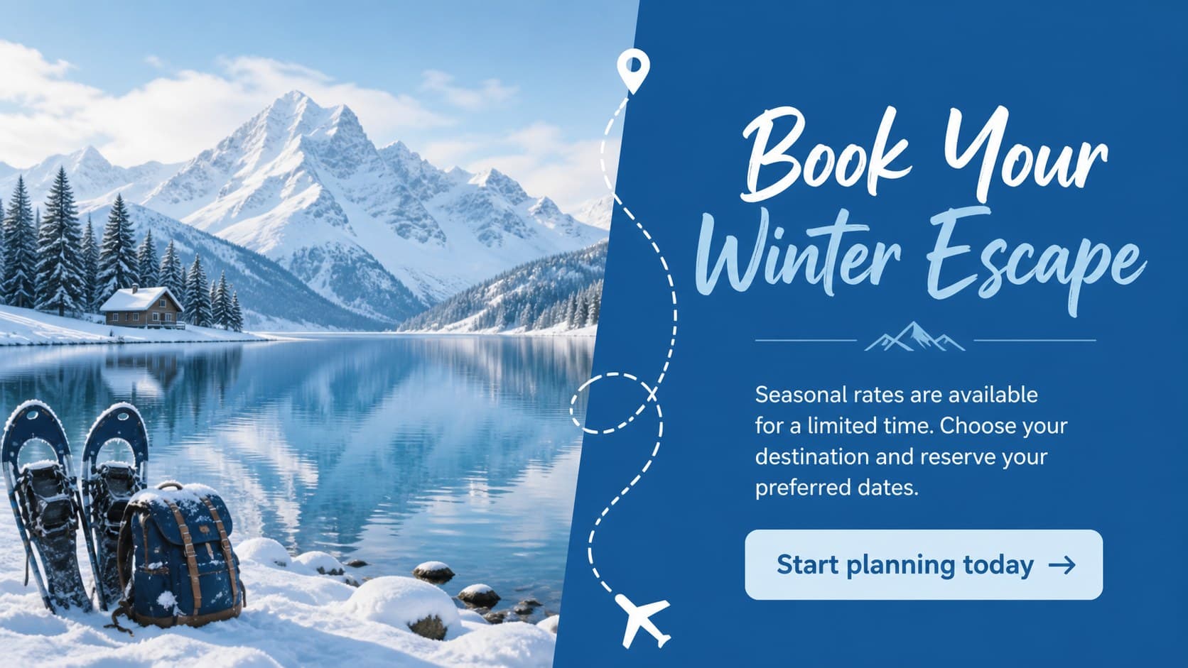 Closing winter vacation promotion slide with a booking call to action and snowy destination photography.