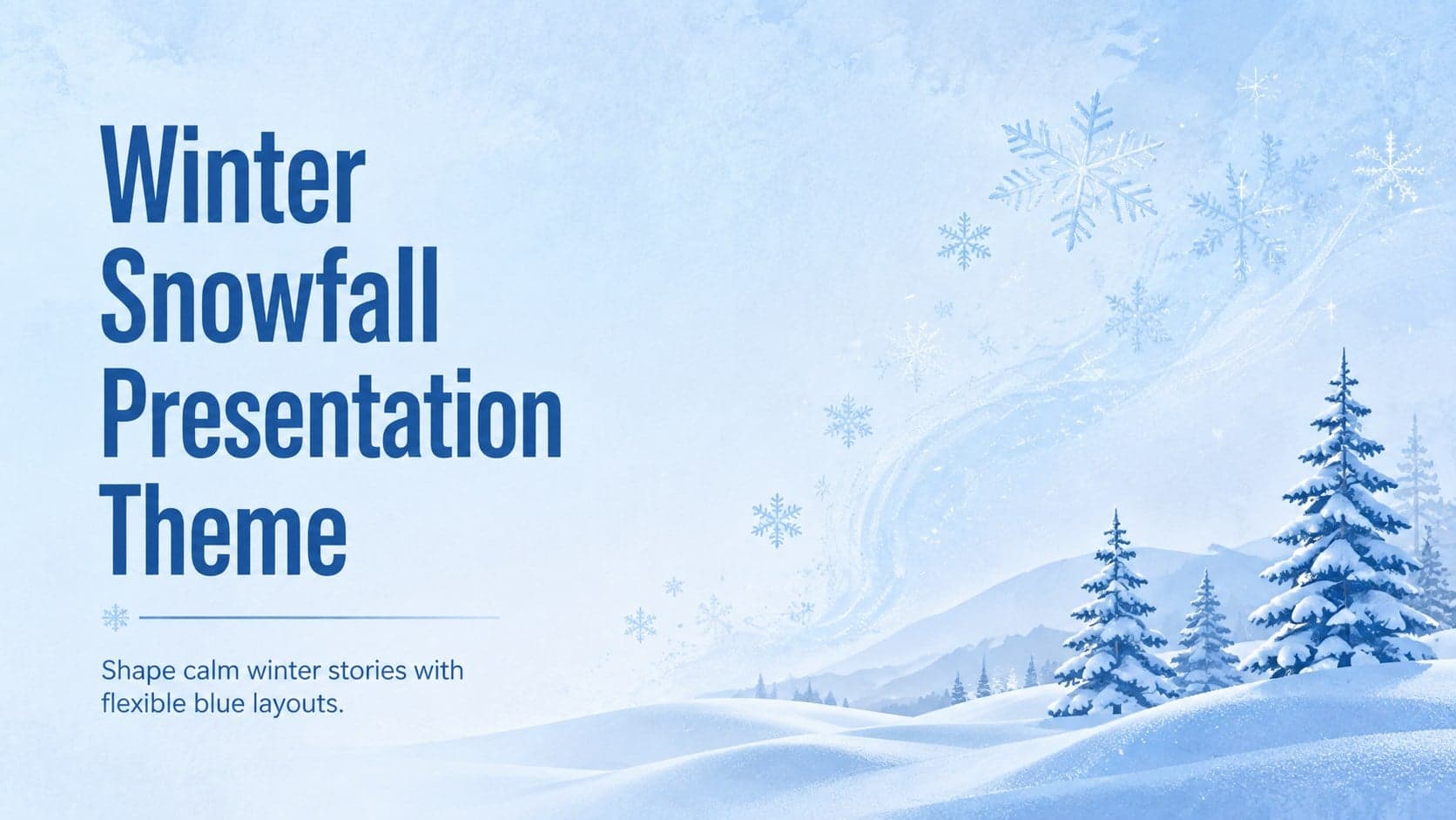 Cover of the Winter Snowfall Presentation Theme with layered blue snow scenery and crisp seasonal typography.