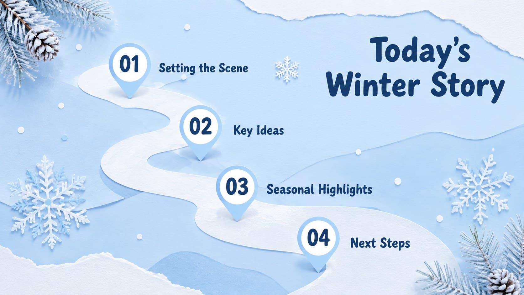 Winter snowfall presentation theme agenda with four seasonal sections arranged around a snowy blue landscape.