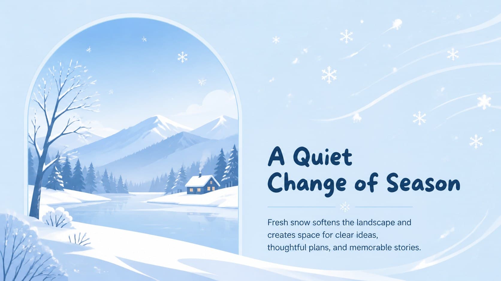 Blue snow presentation background introducing a calm winter setting with a large image and short text.