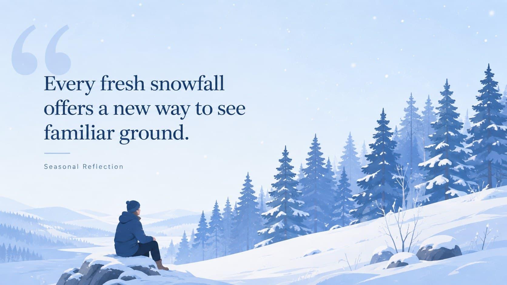 Seasonal blue slide layout featuring a winter quote beside original snow-covered forest artwork.