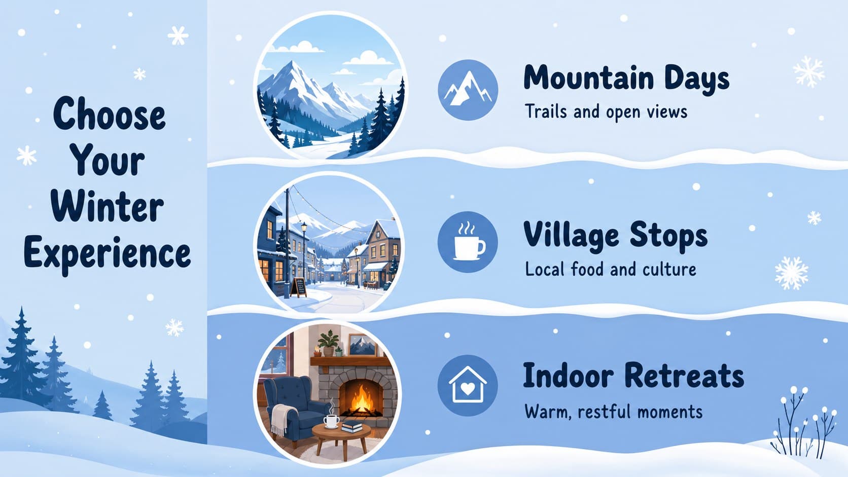 Winter tourism presentation slide comparing mountain activities, village experiences, and indoor retreats.