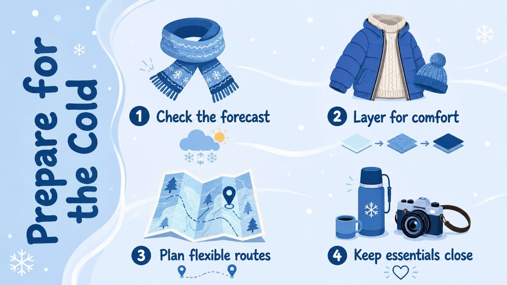 Snowy season PowerPoint theme slide displaying four practical tips with winter icons.