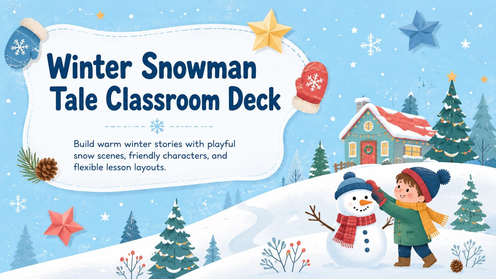 Cover of the Winter Snowman Tale Classroom Deck with a friendly original snowman in a pastel snowy landscape.