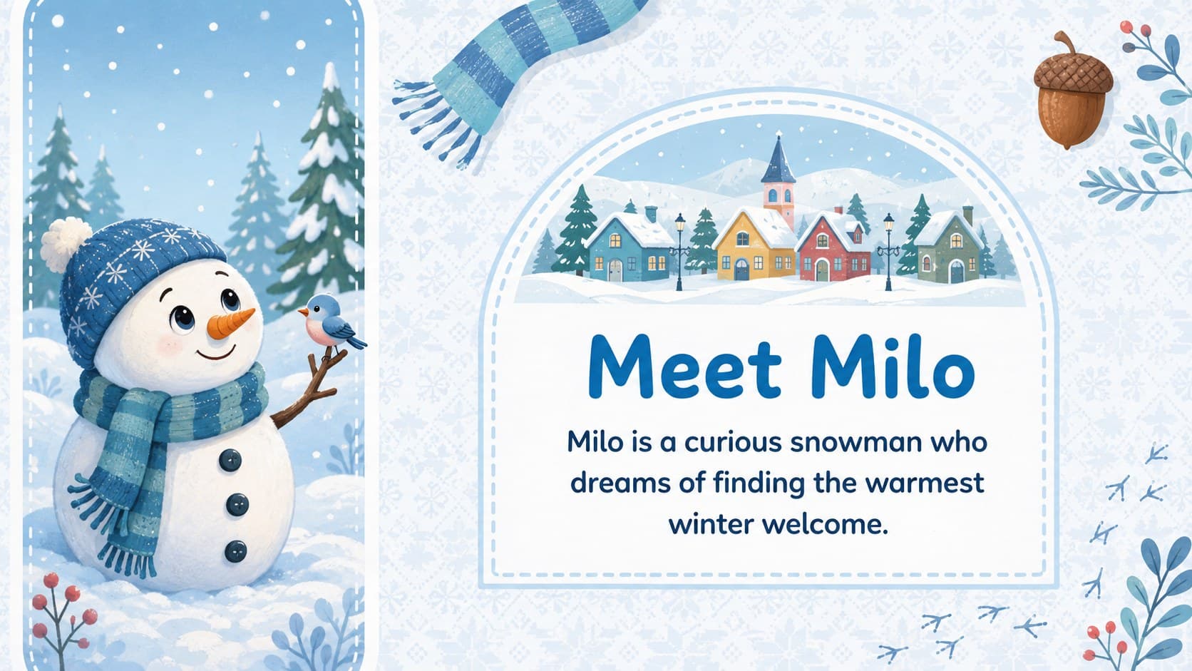 Winter storytelling introduction slide presenting the original snowman character Milo beside a snowy village.