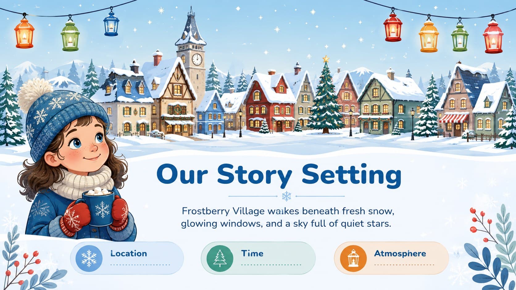 Pastel winter classroom presentation slide showing the story setting in Frostberry Village.