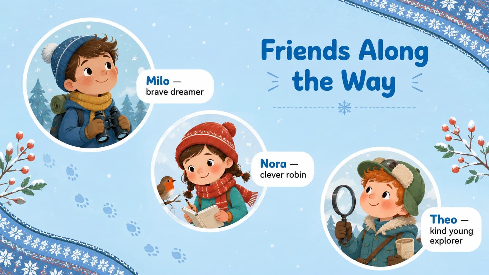 Editable snowman story presentation slide introducing three original winter tale characters.