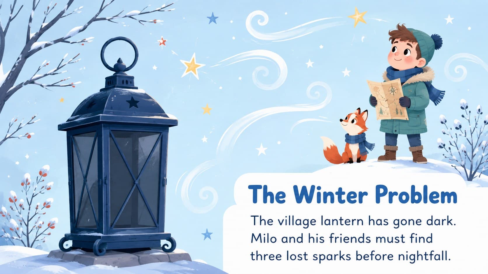 Snowman narrative lesson slide explaining the central problem of a missing village lantern.