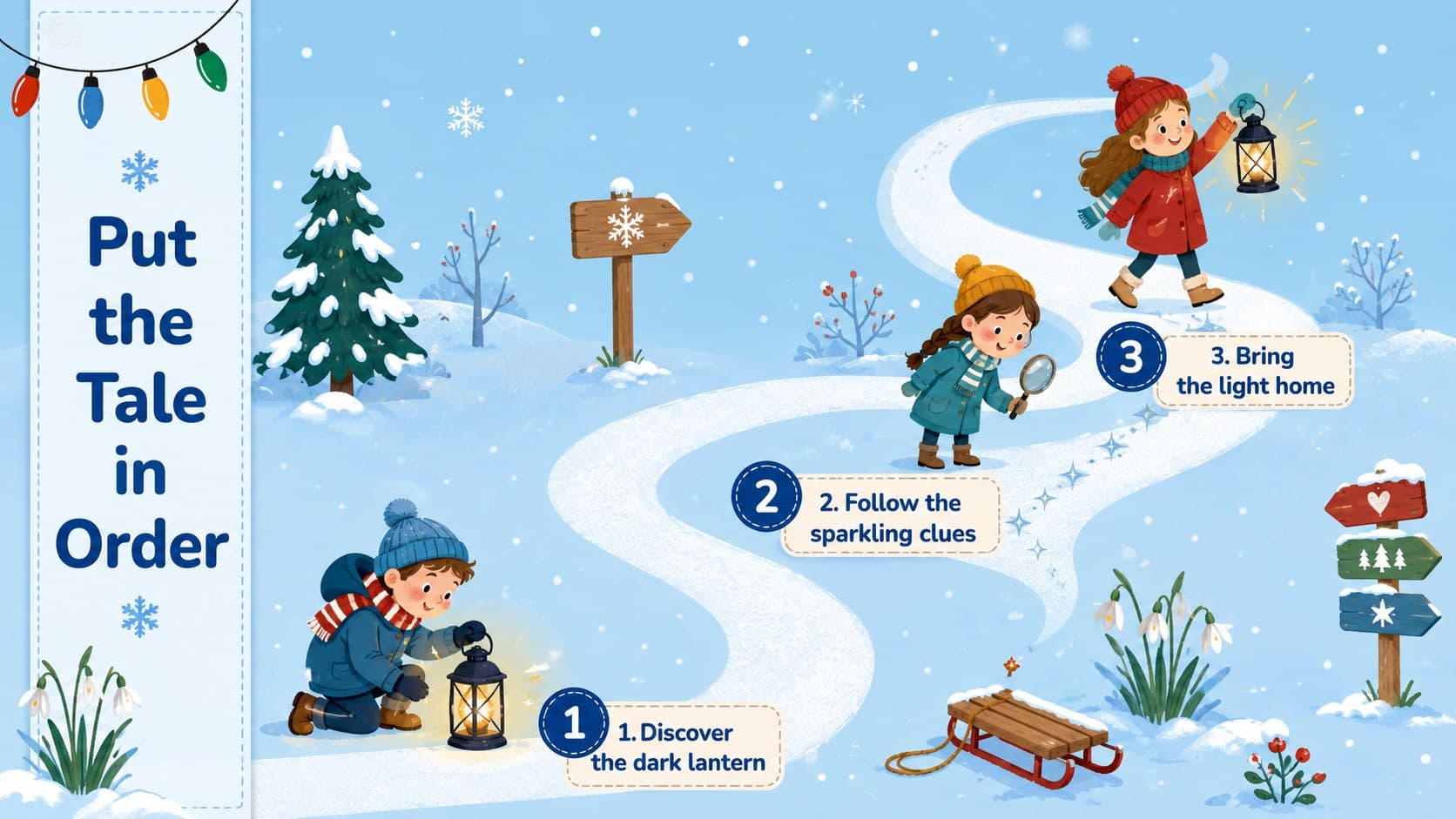 Winter story sequencing slide with beginning, middle, and ending steps connected by a snowy path.