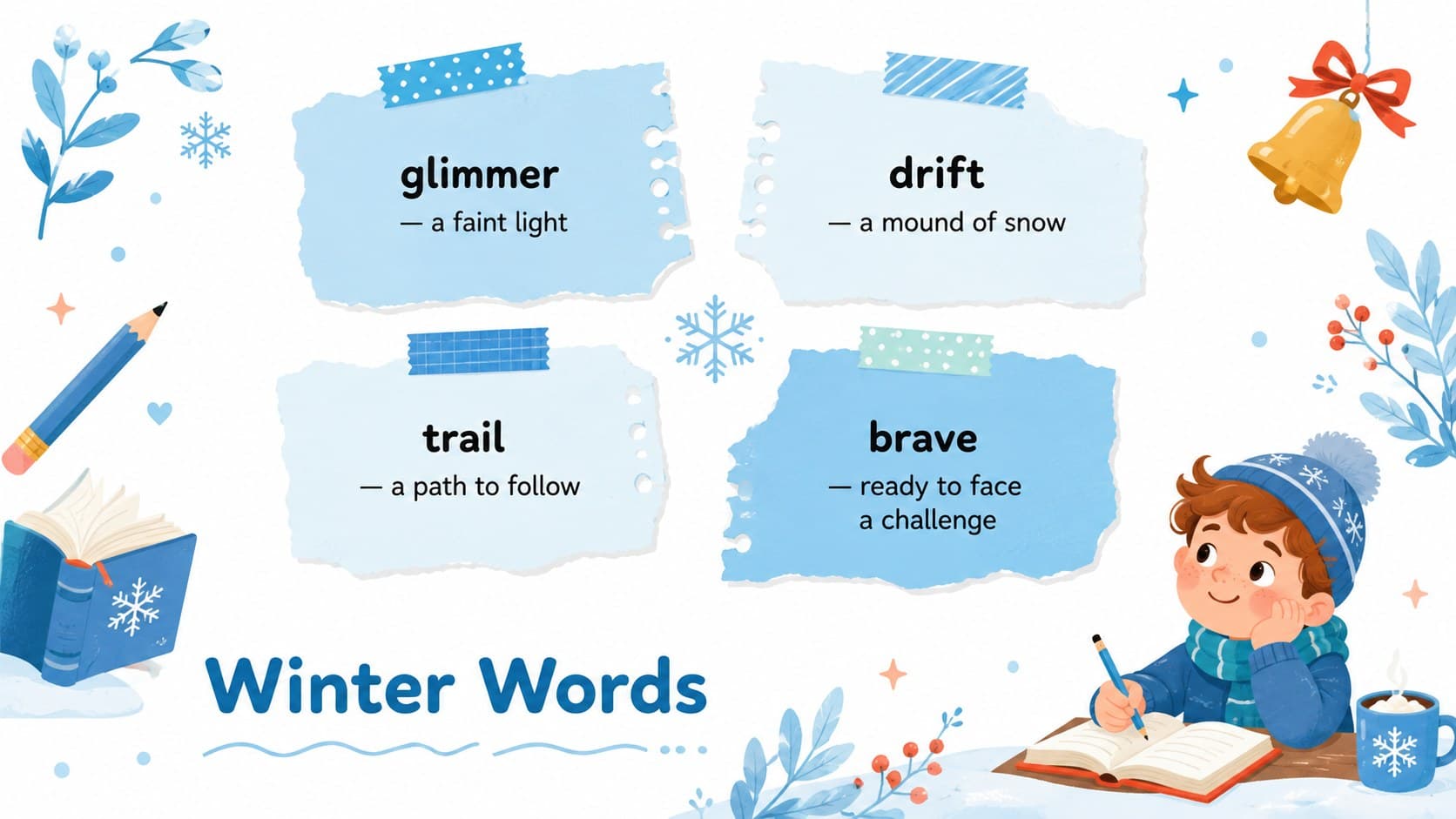 Elementary winter storytelling vocabulary slide defining four seasonal narrative words.