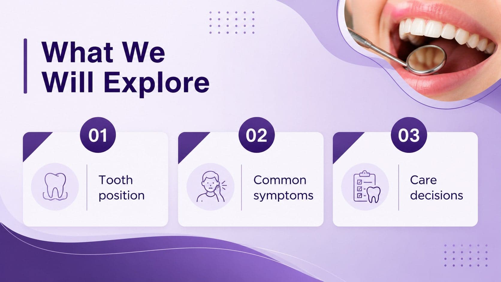 Overview slide introducing wisdom tooth development and common dental health questions.