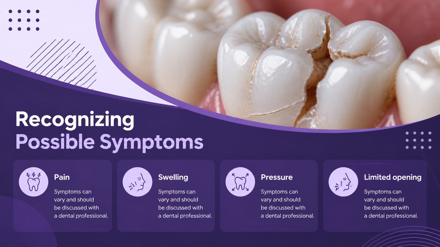 Wisdom tooth symptoms slide showing pain, swelling, pressure, and limited jaw movement.