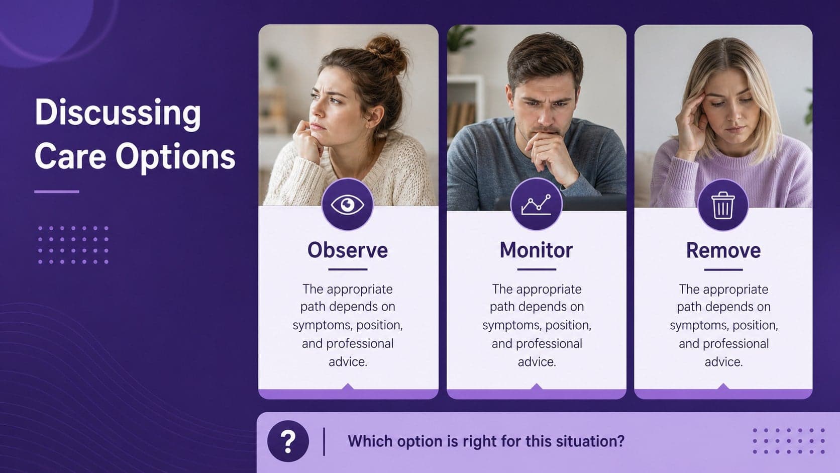 Wisdom tooth treatment options slide comparing observation, monitoring, and removal discussions.